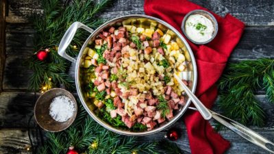 Pytt med julskinka, julkorv och potatis