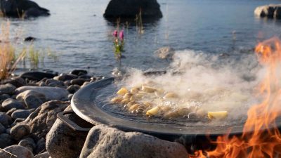 Laga mat utomhus på stekhäll