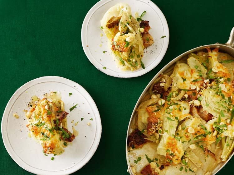Gratäng med fänkål, burrata och krispigt sidfläsk