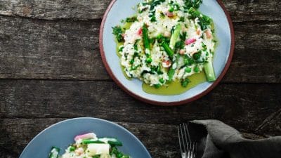 Risotto med rimmat sidfläsk, primörer och gremolata